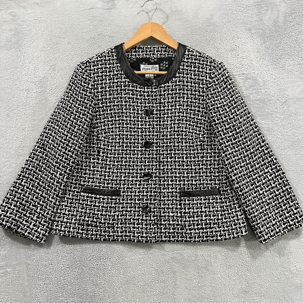 Pendleton Blazer Womens 12 Silk Tweed Leather Trim Black White Lined Jacketโ
